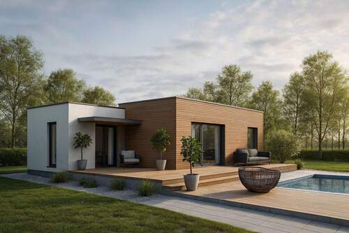 Ansicht Hinten - Rohe 77 - Moderner Bungalow in KfW 40, einzugsfertig, inkl. KfW40, Fundamente