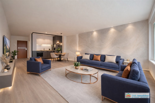 Wohnzimmer mit offener Küche - virtually staged - Über den Dächern von Horrem - Gestalten Sie Ihr neues Zuhause nach Ihren eigenen Vorstellungen