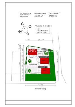 Lageplan Variante 1 - 3 x EFH-001 - Wunderbare Wohnlage in Oldenburg Ohmstede, vorzügliches Grundstück mit Altbestand
