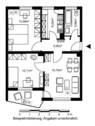 Grundriss mit Flur (5,05 m²), Tageslichtbad (3,99 m²), Küche (6,23 m²), Wohnzimmer (15,75 m²), Schlafzimmer (13,58 m²), Kinderzimmer (12,17 m²) und Balkon - 