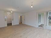 Ansicht III: Wohn- und Esszimmer mit offenem Küchenbereich - Terrassenwohnung mit 57,00 m&sup2; in Düsseldorf zur Miete