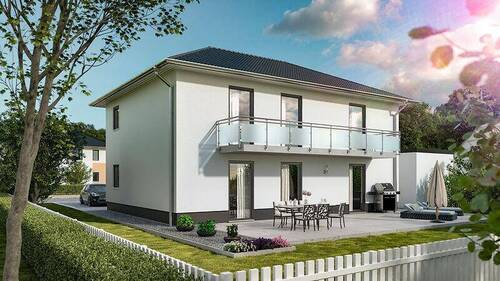 Flair180Duo - Gartenansicht mit Balkon - 7 Zimmer Einfamilienhaus zum Kaufen in Gebesee