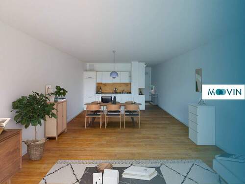 Ansicht I: Wohnbereich - Elegantes Wohnen: Neubauwohnung mit Terrasse und Einbauküche