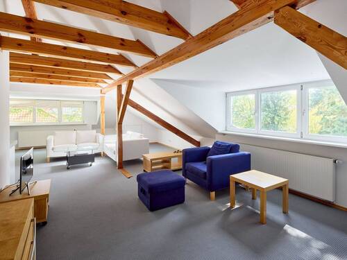 Ausgebauter Dachstuhl mit Ausblick in den Garten - 