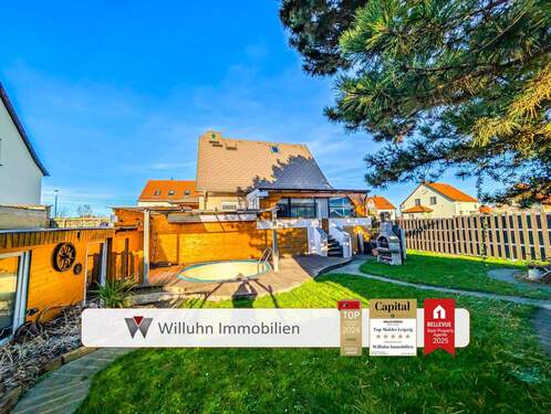 Garten hinter dem Haus - NEUE HEIZUNG! 120m² - 5 Zimmer in Radefeld - Terrasse - Wintergarten - Pool - 2 Bäder - Hobbyräume