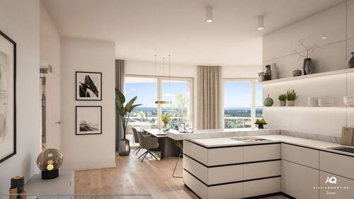 Wohn- u. Einrichtungsbeispiel - 4-Zi.-Eck-Whg.: großzügiger Wohn-Essbereich mit Parkblick, 2 Bäder u. umlaufender Balkon