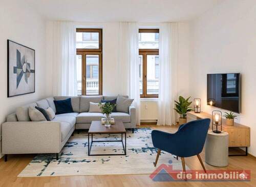 Wohnzimmer_mit KI-möbliert - 2 Zimmer Etagenwohnung zur Miete in Magdeburg / Werder