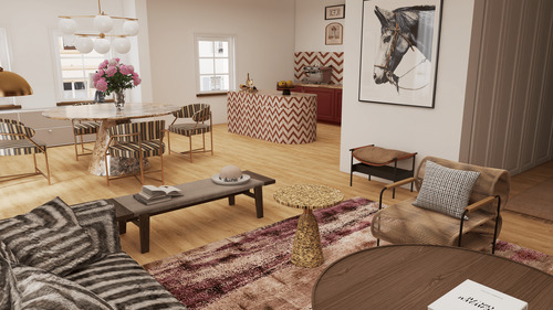 Visualisierung Wohnzimmer zur Küche - Exklusive 5-Zimmerwohnung im historischen Ballenhaus im Herzen von Garmisch-Patenkirchen