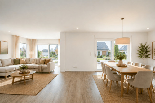 Das lichtdurchflutete Wohn- und Esszimmer (virtuell eingerichtet) - Einfamilienhaus mit 138,00 m&sup2; in Glowe zum Kaufen