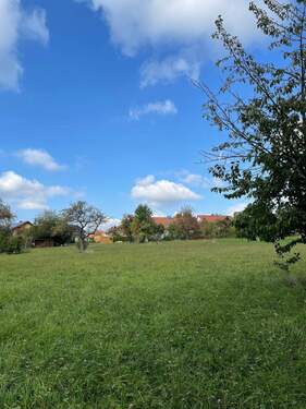Grundstück Blickrichtung vom Garten zum Haus - Doppelhaushälfte mit 113,20 m&sup2; in Neulingen zum Kaufen