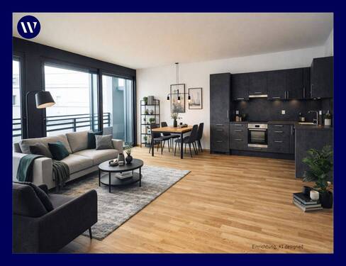 Wohnen-Kochen, Designer KI - Modernes Wohnen zwischen Metropole, Mainufer und Stadtwald: 3 Zimmer mit Eck-Balkon und Einbauküche