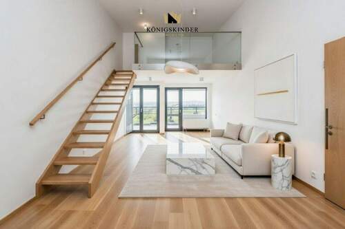 Die Darstellung zeigt eine beispielhafte Visualisierung des Wohnzimmers. - Ganz oben zuhause: Individuell gestaltbare Atelierwohnung mit Penthouse-Charakter