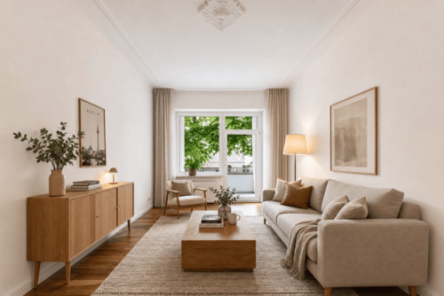 Wohnzimmer Staged (KI-generierter Inhalt) - 2 Zimmer Etagenwohnung zum Kaufen in Berlin