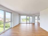 Ansicht I: Wohn- und Esszimmer mit offenem Küchenbereich - Platz & Komfort, gepaart mit modernem Design: Exklusive 3-Zimmer-Wohnung mit 2 BALKONEN, EBK und 2 Bädern