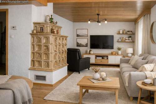 Wohnbereich mit Kachelofen - digitales Homestaging - Möblierung dient der Illustration - Großzügige 2-Zimmer-ETW (Umgestaltung zu 3-Zimmer-ETW möglich) inkl. Balkon und großem Grundstück