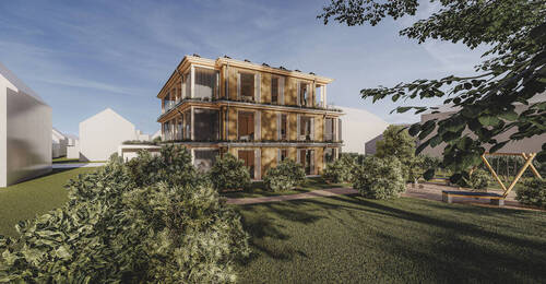 Gartenansicht Westen - Gartenwohnung im Vollholzhaus mit Süd-Terrasse, Tageslicht-Badezimmer und bodentiefen Fenstern