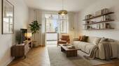 Exposé Titelbild Staged Wohnzimmer (KI-generierter Inhalt) - EIN ZUHAUSE MIT GESCHICHTE: 3-ZIMMER-WOHNGLÜCK MIT LOGGIA IN DER HISTOR. SIEDLUNG BIRKENWÄLDCHEN