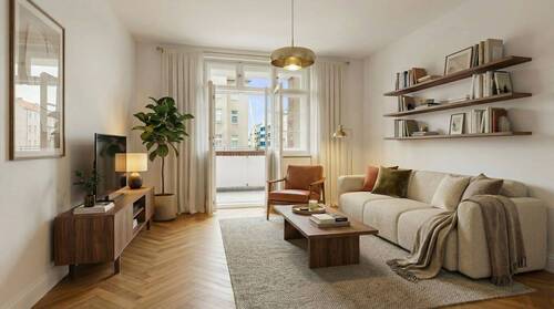 Exposé Titelbild Staged Wohnzimmer (KI-generierter Inhalt) - EIN ZUHAUSE MIT GESCHICHTE: 3-ZIMMER-WOHNGLÜCK MIT LOGGIA IN DER HISTOR. SIEDLUNG BIRKENWÄLDCHEN