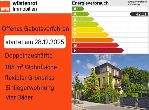 Teaser Eigennutzung - Offenes Gebotsverfahren, DHH Eff.A, LW WP ideal für Generationswohnen, Einliegerwohnung, vier Bäder
