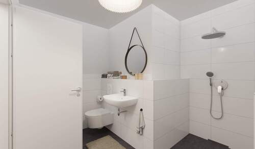 Modern gefliestes Badezimmer mit bodengleicher Dus - 