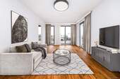 Wohnzimmer - visualisiertes Einrichtungsbeispiel - Riem - Lichtdurchflutete 3-Zimmer-Wohnung mit großer Terrasse, TG-Stellplatz & Lift in ruhiger Lage