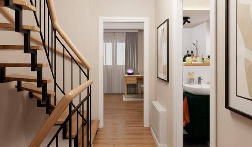 Moderner Flur im Obergeschoss - Reihenhaus im Effizienzhaus-Standard-55 mit Terrasse, Dachterrasse und zwei PKW-Stellplätze