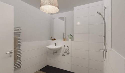 Modern gefliestes Badezimmer mit bodengleicher Dus - 