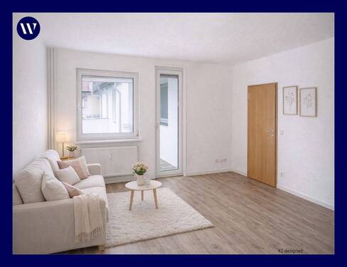 Wohnen, Möblierungsvorschlag KI - Helle 2 Zimmer mit Balkon, moderne Ausstattung, Bad mit Dusche, guter Schnitt, separate Küche