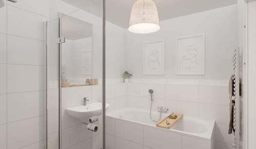 Modern gefliestes Badezimmer mit bodengleicher Dus - Etagenwohnung mit 76,90 m² in Germersheim zum Kaufen