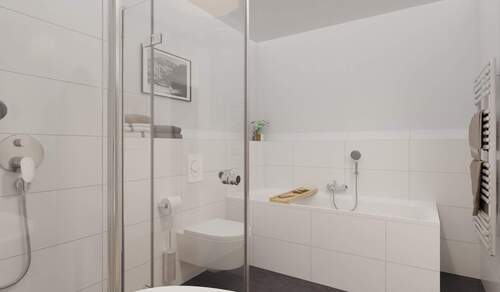 Modern gefliestes Badezimmer mit bodengleicher Dus - 