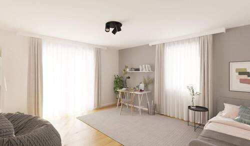 Durch ein bodentiefes Fenster wird das Kinderzimmer hell erleuchtet - 