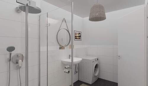 Modern gefliestes Badezimmer mit bodengleicher Dusche - 2 Zimmer Etagenwohnung in Germersheim