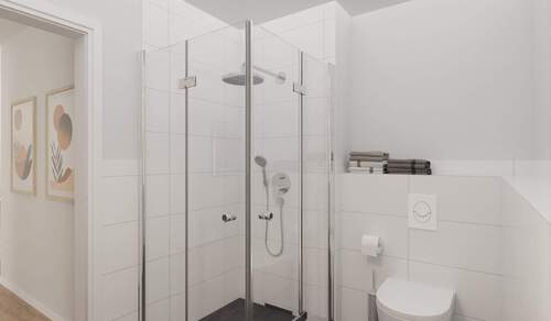 Modern gefliestes Badezimmer mit bodengleicher Dusche - Etagenwohnung mit 68,90 m&sup2; in Germersheim zum Kaufen