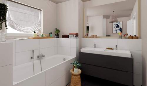 Modern gefliestes Tageslichtbad mit Badewanne im O - 