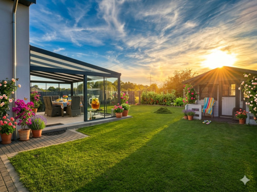 Gartenansicht im Sommer - Wohntraum in herrlicher Ruhe mit Einliegerwohnung
