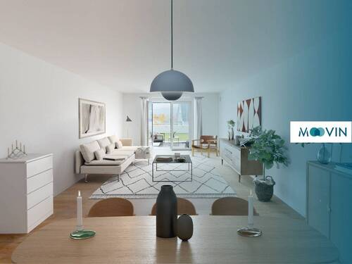 Ansicht I: Wohnbereich - Elegantes Wohnen: Neubauwohnung mit Terrasse und Einbauküche