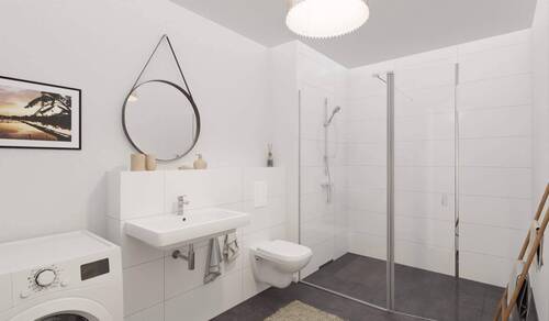 Modern gefliestes Badezimmer mit bodengleicher Dus - 3 Zimmer Etagenwohnung zum Kaufen in Düsseldorf