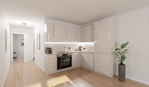 Die offene Wohnküche lädt zu gemeinsamen Mahlzeite - Etagenwohnung mit 80,40 m&sup2; in Düsseldorf zum Kaufen