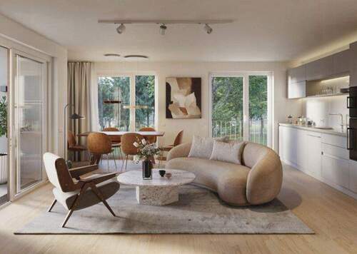 Wohnzimmer Kurpark Bad Cannstatt - Stilvoller Neubau direkt am Kurpark: 3-Zimmer-Erdgeschoss-Wohnung mit Loggia & Blick ins Grüne