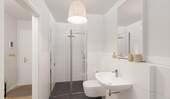 Modern gefliestes Badezimmer mit bodengleicher Dus - Etagenwohnung mit 41,70 m² in Germersheim zum Kaufen