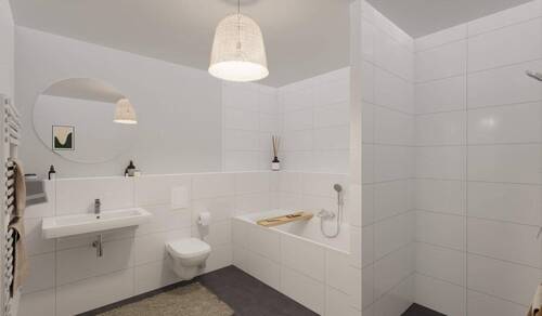 Modern gefliestes Bad mit bodengleicher Dusche und Badewanne - 
