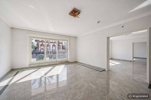 Essbereich Richtung Balkon, mit Steinfliesen und Fussbodenheizung [KI-optimiertes Foto ohne Möblierung] - 