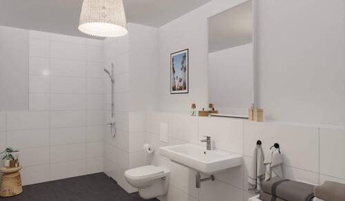 Modern gefliestes Badezimmer mit bodengleicher Dus - 2 Zimmer Terrassenwohnung zum Kaufen in Aachen