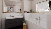 Modern gefliestes Tageslichtbad mit Badewanne im Obergeschoss - 