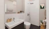 Modern gefliestes Bad mit bodengleicher Dusche im Erdgeschoss - 