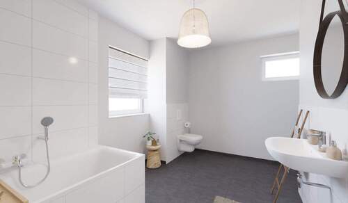 Modern gefliestes Tageslichtbad mit Badewanne und bodengleicher Dusche - 