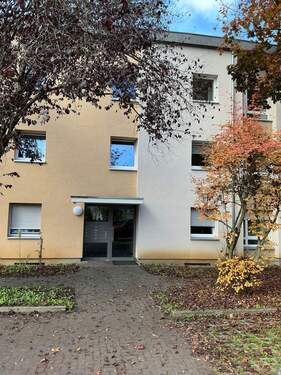 Eingangsbereich des mehrstöckigen Wohnhauses umgeben von Grünanlagen mit Bäumen - 