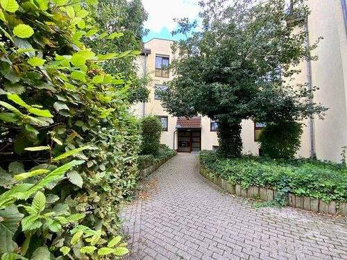 Zugang zum Wohngebäude Käthe-Kollwitz-Weg 13 mit Hauseingang, der Weg führt an Hecken und Bäumen entlang - Etagenwohnung mit 76,30 m² in Baunatal zur Miete
