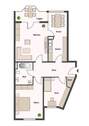 Grundriss mit Schlafzimmer, Kinderzimmer, Flur, Bad mit Wanne, Wohnzimmer mit Zugang zur Loggia und Küche mit Essecke - 
