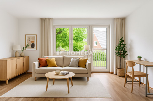 Wohnzimmer 1 ViSta - Charmante 3-Zimmer-Obergeschosswohnung mit Balkon, Gartenblick und Garage